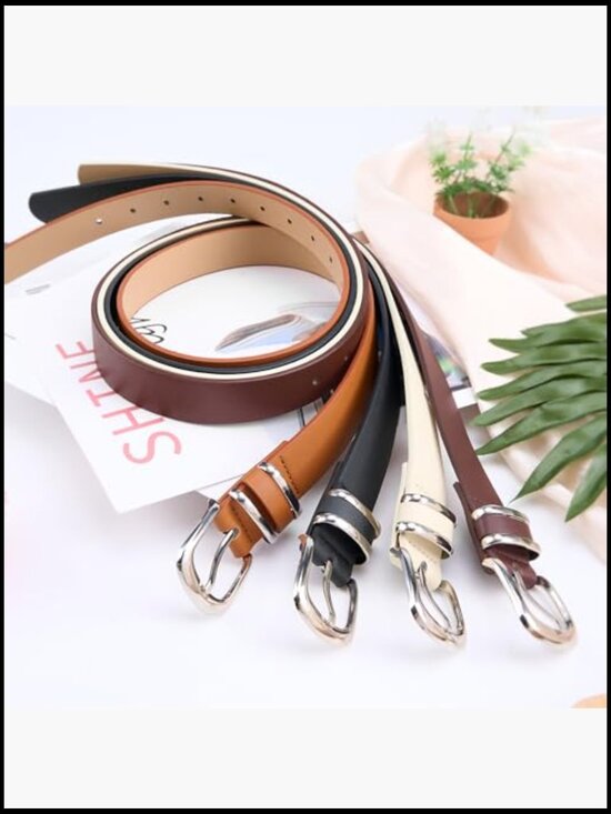 4-Piece Leather Belt Set with Silver Buckle, 10 Adjustable Holes, 25-35 Inch